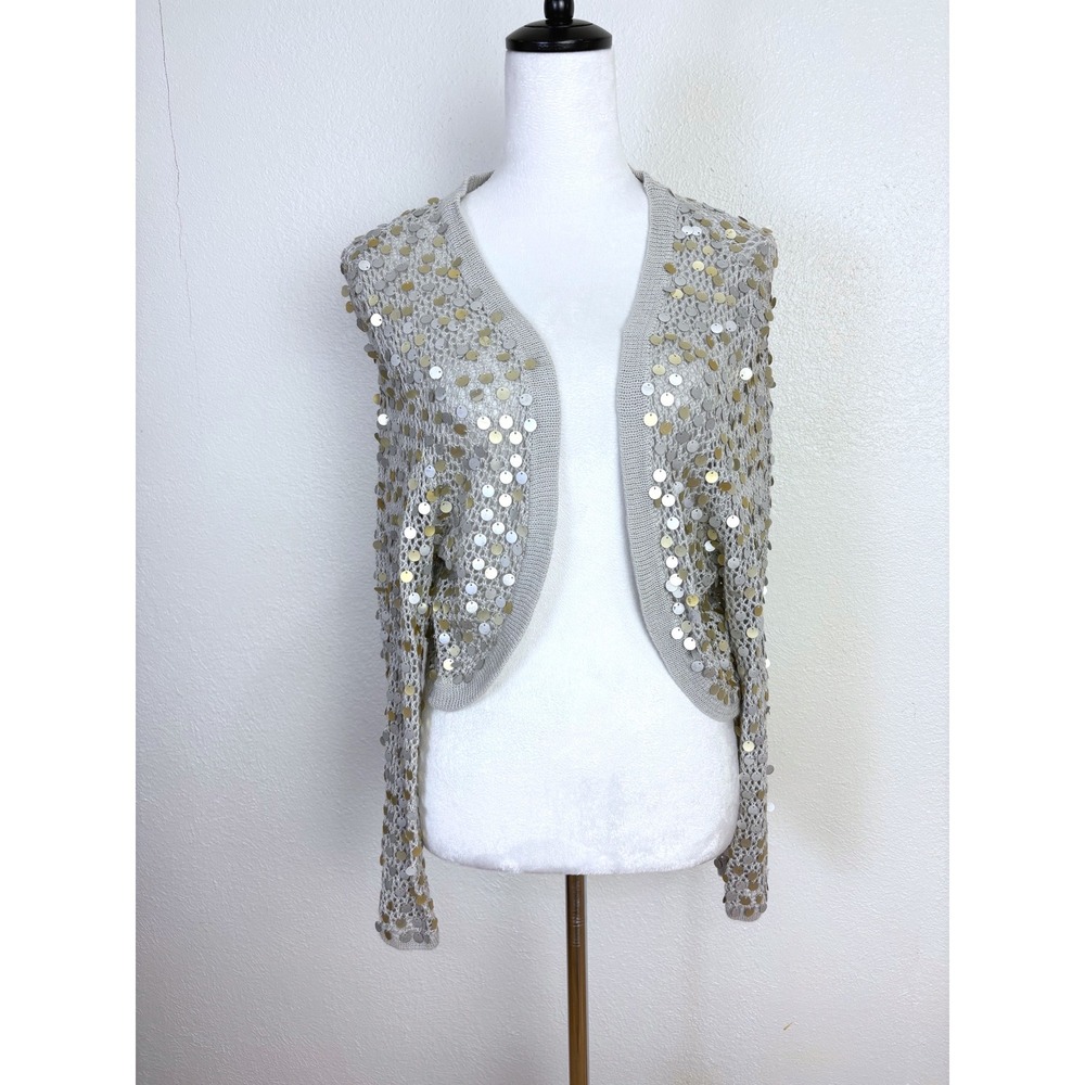 Y2K Open Knit Sparkly Silver & Gold Sequin Cardigan Sweater Size Large/XL Boho